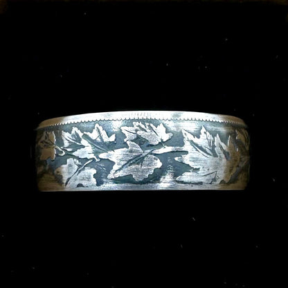 Canada 50 Cents Maple Leaf Silver Coin Ring in a brown kraft box on a black velvet background. - Mountainstruck Coin Jewelry
