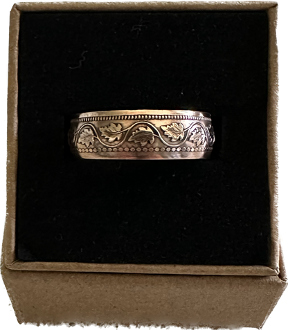 Canada Large Cent Leaf Coin Ring in a brown kraft box on a black velvet background. - Mountainstruck Coin Jewelry