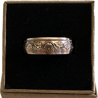 Canada Large Cent Leaf Coin Ring in a brown kraft box on a black velvet background. - Mountainstruck Coin Jewelry