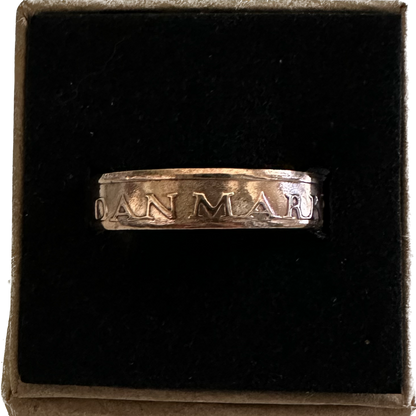Denmark 5 Øre Coin Ring in a brown kraft box with a black velvet background. - Mountainstruck Coin Jewelry