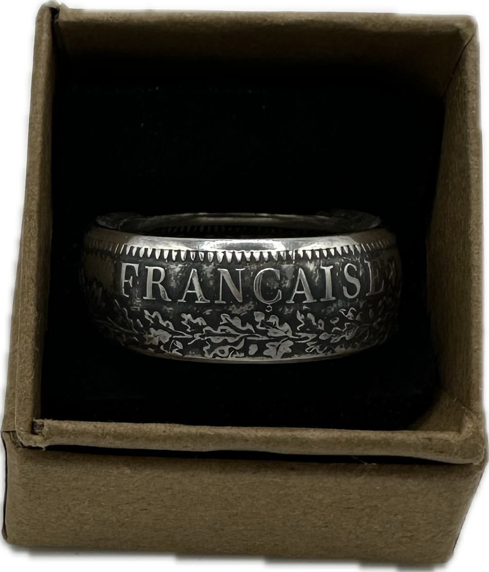 France Silver 10 Francs Coin Ring in a brown kraft box on a black velvet background. - Mountainstruck Coin Jewelry