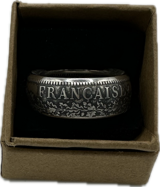France Silver 10 Francs Coin Ring in a brown kraft box on a black velvet background. - Mountainstruck Coin Jewelry