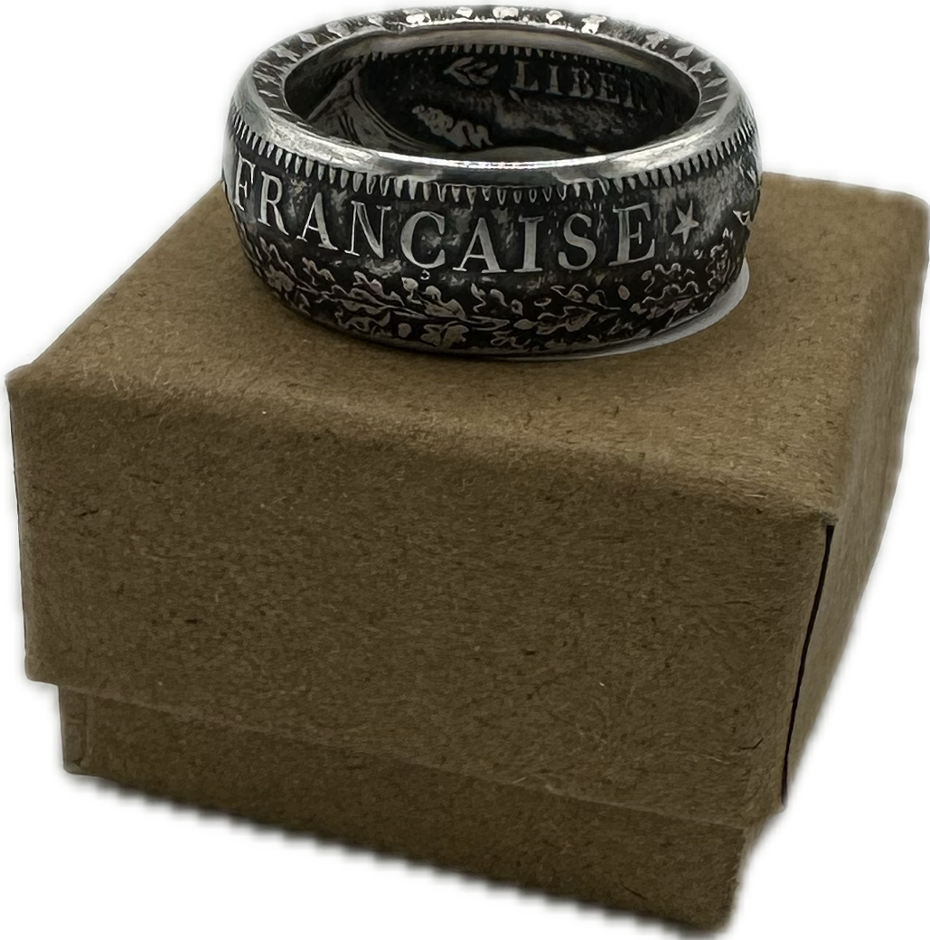 France Silver 10 Francs Coin Ring on a brown kraft box. - Mountainstruck Coin Jewelry