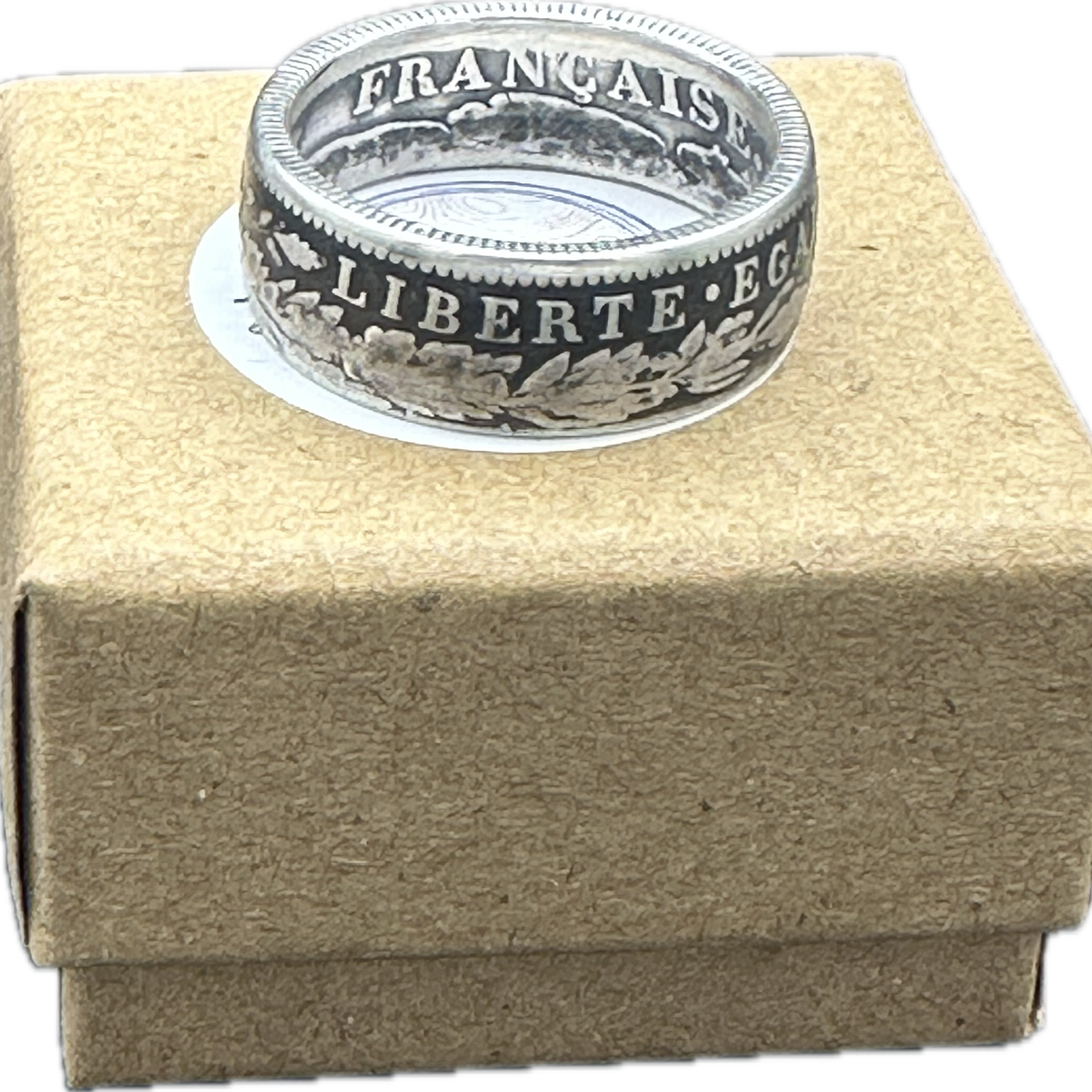 France 2 Franc Silver Coin Ring on a brown kraft box. - Mountainstruck Coin Jewelry