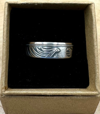 German Eagle 5 Mark Silver Coin Ring in a brown kraft box on black velvet background. - Mountainstruck Coin Jewelry