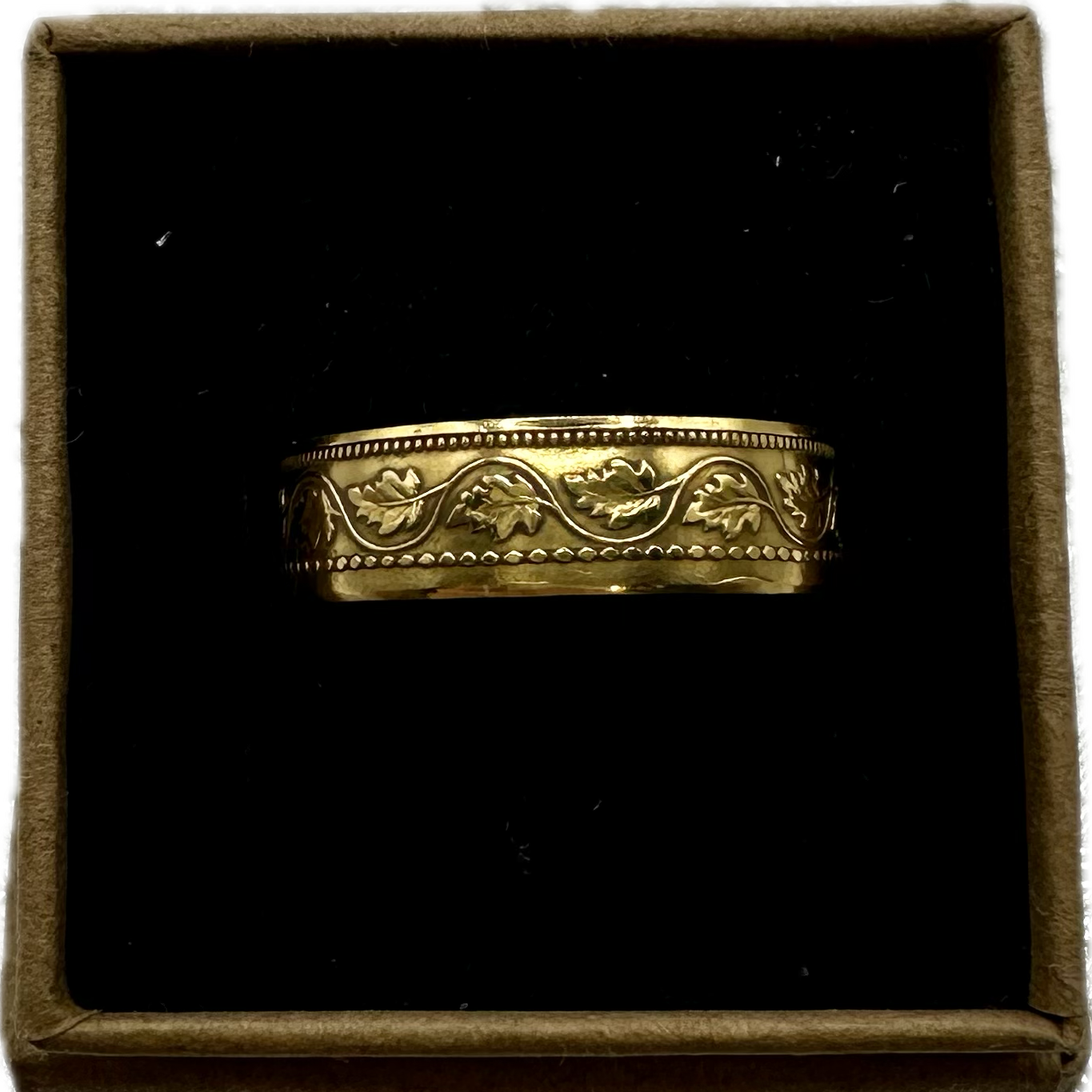 Canada Large Cent Leaf Coin Ring 24k gold plated in a brown kraft box on a black velvet kraft box. - Mountainstruck Coin Jewelry