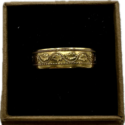 Canada Large Cent Leaf Coin Ring 24k gold plated in a brown kraft box on a black velvet kraft box. - Mountainstruck Coin Jewelry