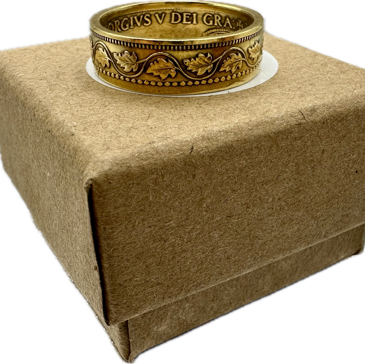 Canada Large Cent Leaf Coin Ring 24k gold plated on a brown kraft box. - Mountainstruck Coin Jewelry