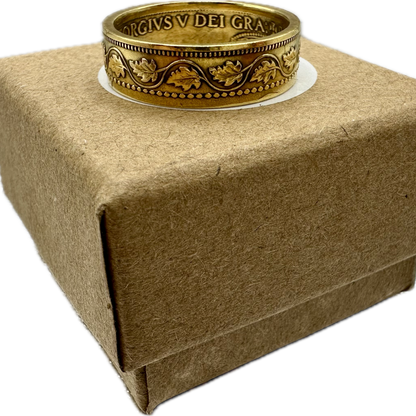 Canada Large Cent Leaf Coin Ring 24k gold plated on a brown kraft box. - Mountainstruck Coin Jewelry