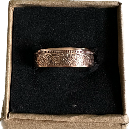 India Quarter Anna Coin Ring in a brown kraft box on a black velvet background. - Mountainstruck Coin Jewelry