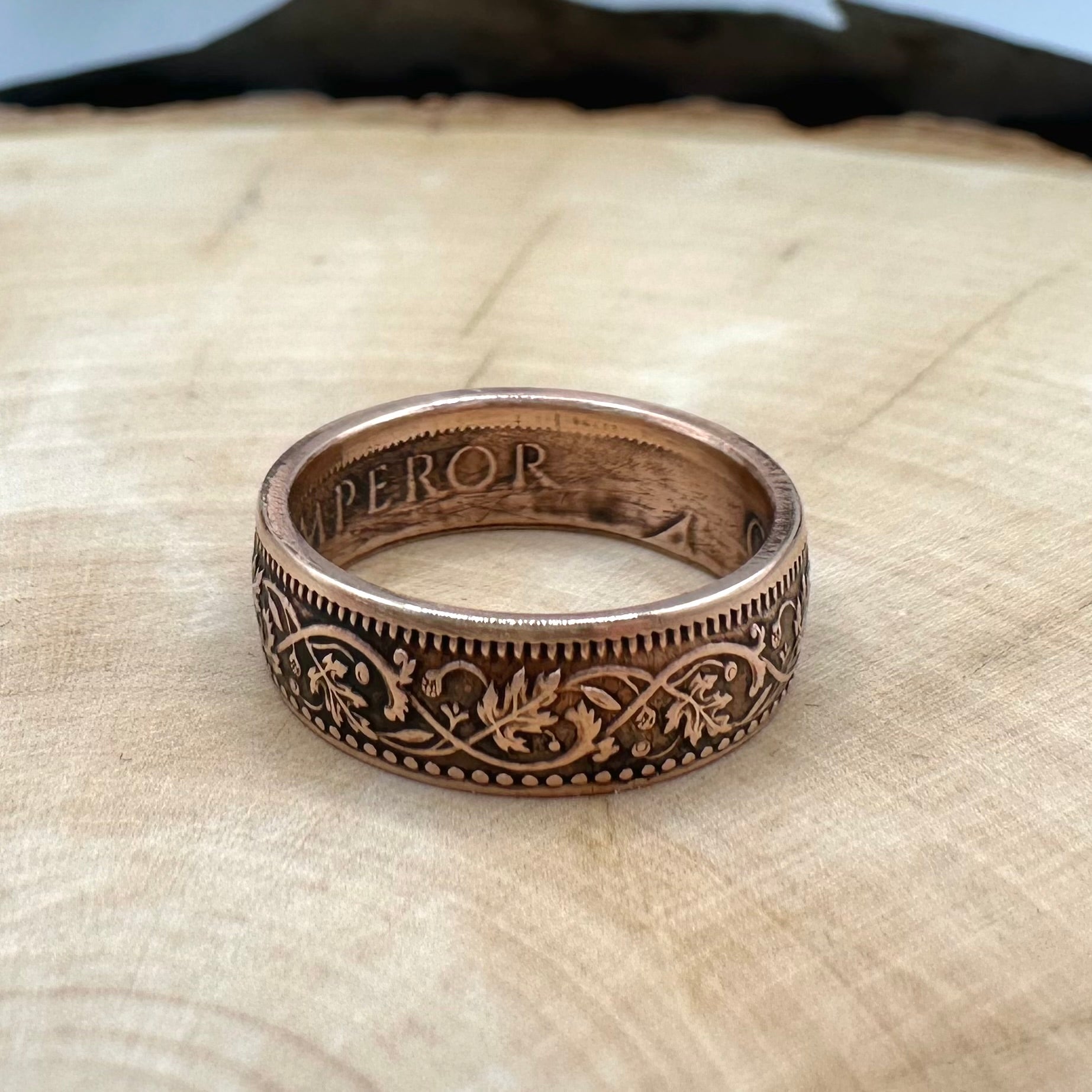 India Quarter Anna Coin Ring on a light wood round. - Mountainstruck Coin Jewelry