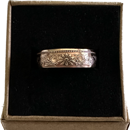 Japan Sen Coin Ring in a brown kraft box on a black velvet background. - Mountainstruck Coin Jewelry