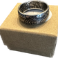 JFK Silver Half Dollar Coin Ring (reverse) on a brown kraft box. - Mountainstruck Coin Jewelry