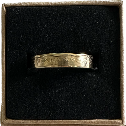 Mexico 50 Centavos Coin Ring in a brown kraft box on a black velvet background. - Mountainstruck Coin Jewelry