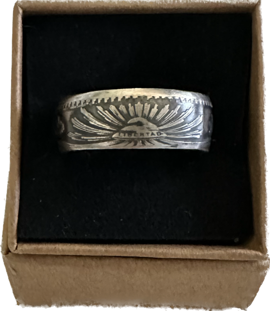 Mexico 50 Centavos Silver Coin Ring (Rare) in a brown kraft box on black velvet background.- Mountainstruck Coin Jewelry