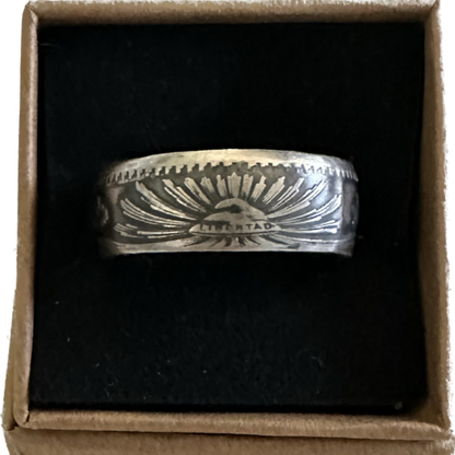 Mexico 50 Centavos Silver Coin Ring (Rare) in a brown kraft box on black velvet background.- Mountainstruck Coin Jewelry