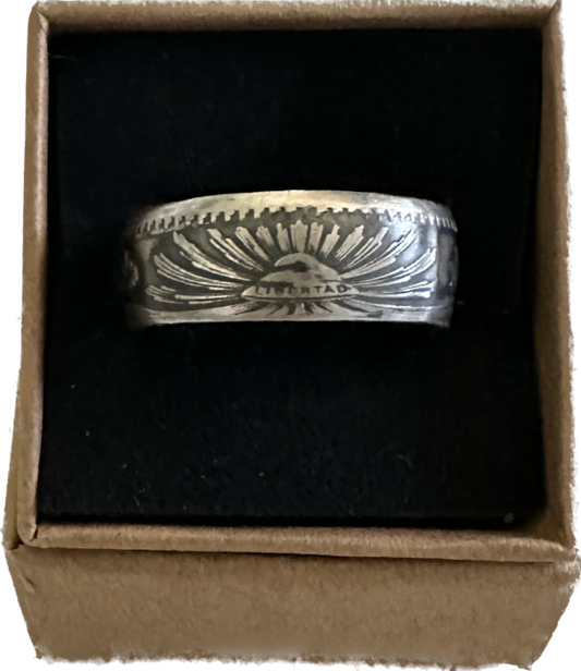 Mexico 50 Centavos Silver Coin Ring (Rare) in a brown kraft box on black velvet background.- Mountainstruck Coin Jewelry