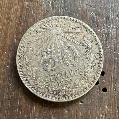 Mexico 50 Centavos Silver (Rare) Coin back on a concrete background. - Mountainstruck Coin Jewelry