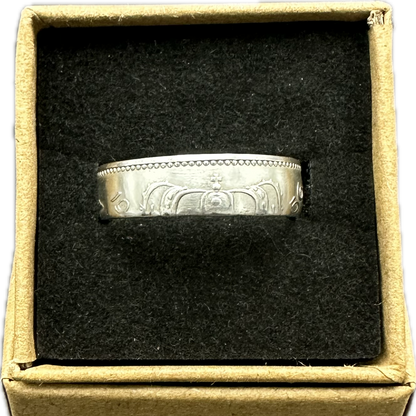 Netherlands 1 Gulden Silver Coin Ring in brown kraft box on a black velvet background. - Mountainstruck Coin Jewelry