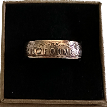 Newfoundland 1 Cent Coin Ring in a brown kraft box on a black velvet background. - Mountainstruck Coin Jewelry