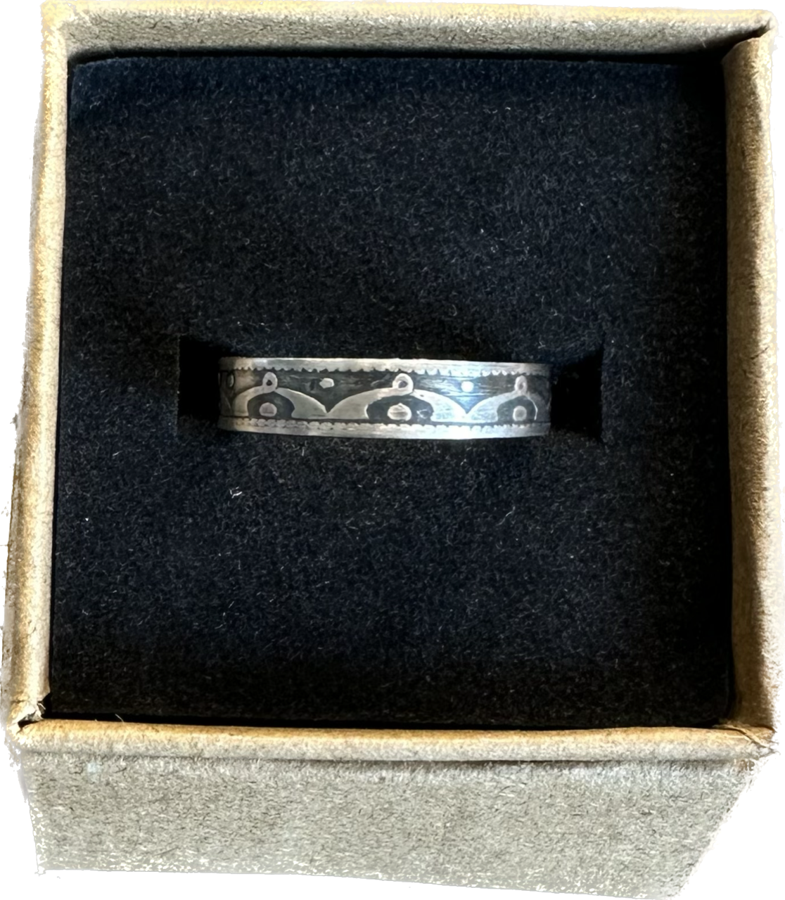 Newfoundland 10 Cents Silver Coin Ring in a brown kraft box on a black velvet background. - Mountainstruck Coin Jewelry