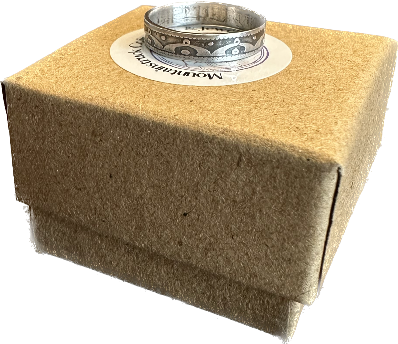 Newfoundland 10 Cents Silver Coin Ring on a brown kraft box. - Mountainstruck Coin Jewelry