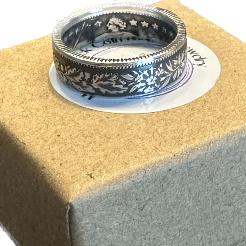 Swiss 1 Franc Silver Coin Ring on a brown kraft box. - Mountainstruck Coin Jewelry