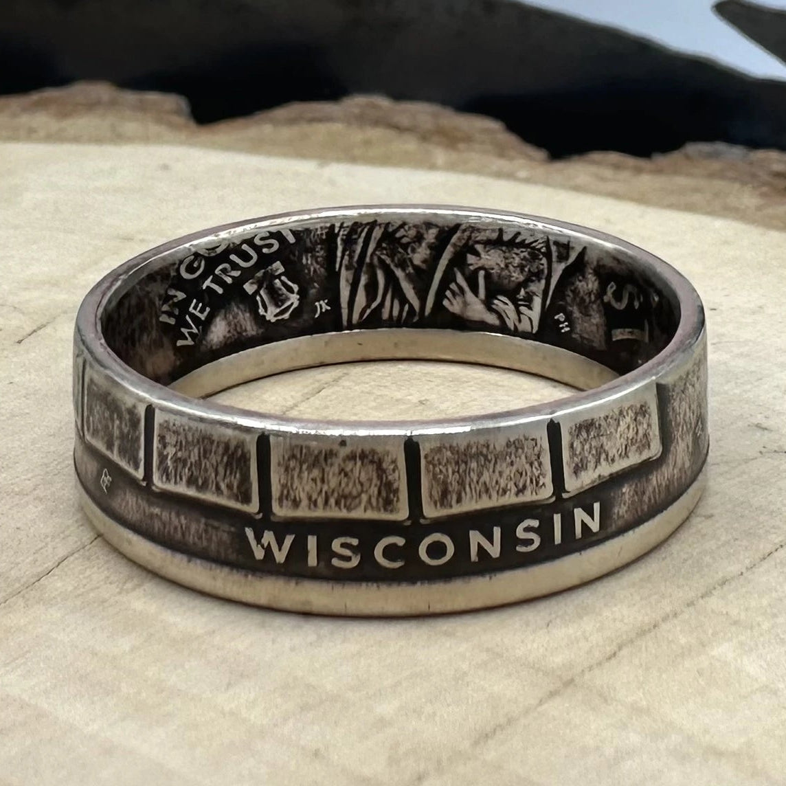 U.S. 2026 "CRAY-1 Supercomputer" 1 Dollar Coin Ring on a wood round. - Mountainstruck Coin Jewelry