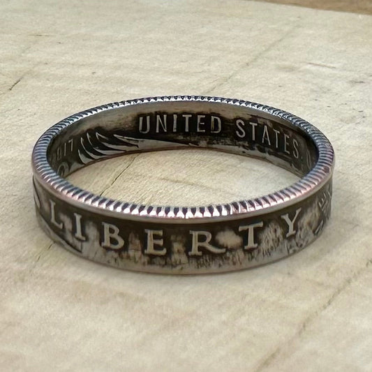 U.S. 2026 "Emerging Liberty" Dime Coin Ring on a wood round. - Mountainstruck Coin Jewelry
