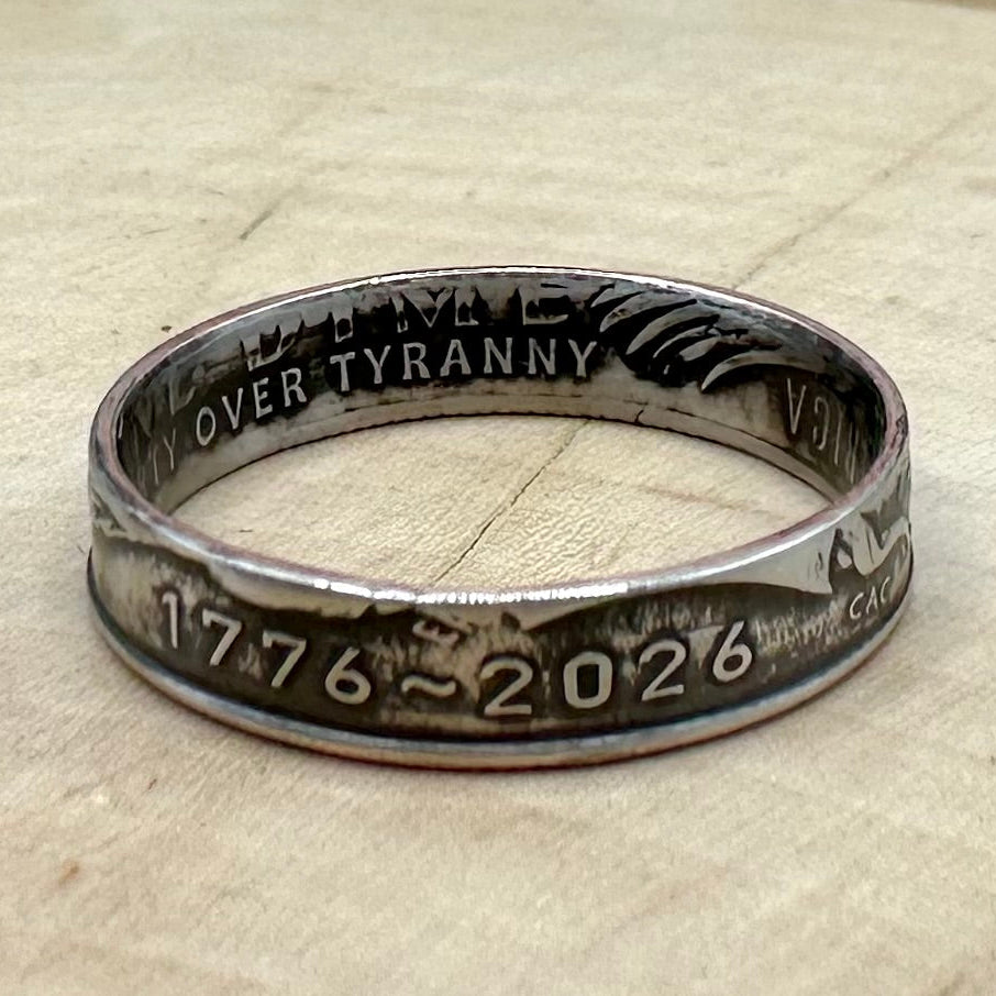 U.S. 2026 "Emerging Liberty" Dime Coin Ring on a wood round. - Mountainstruck Coin Jewelry