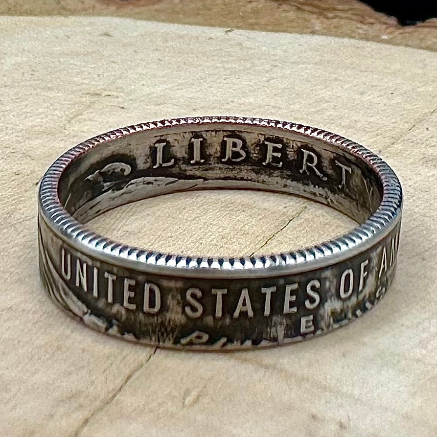 U.S. 2026 "Liberty Over Tyranny" Dime Coin Ring on a wood round. -Mountainstruck Coin Jewelry