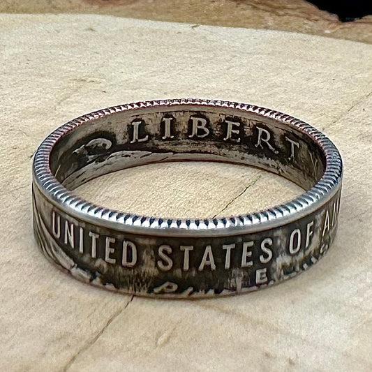 U.S. 2026 "Liberty Over Tyranny" Dime Coin Ring on a wood round. -Mountainstruck Coin Jewelry