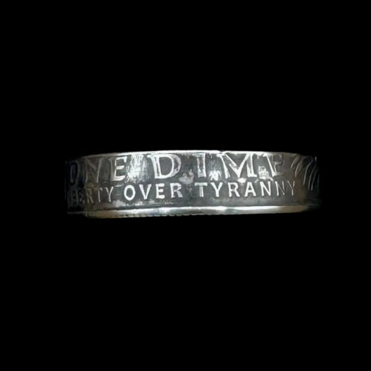 U.S. 2026 "Liberty Over Tyranny" Dime Coin Ring on a black background. -Mountainstruck Coin Jewelry