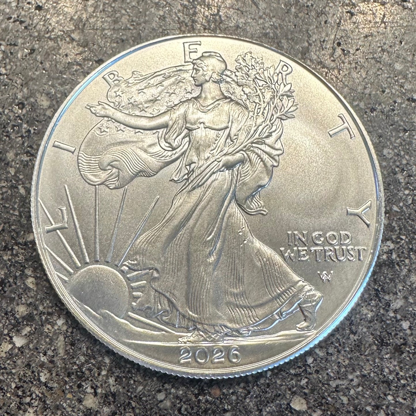 U.S. 2026 1oz 999 Silver Eagle $1 Coin on a concrete background. - Mountainstruck Coin Jewelry