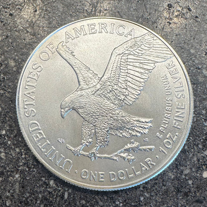 U.S. 2026 1oz 999 Silver Eagle $1 Coin on a concrete background. - Mountainstruck Coin Jewelry
