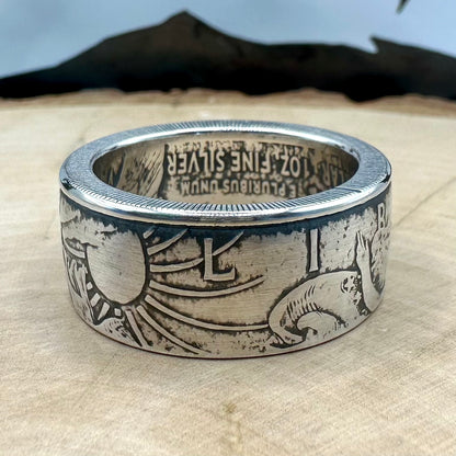 U.S. 2026 1oz 999 Silver Eagle $1 Coin Ring on a wood round. - Mountainstruck Coin Jewelry