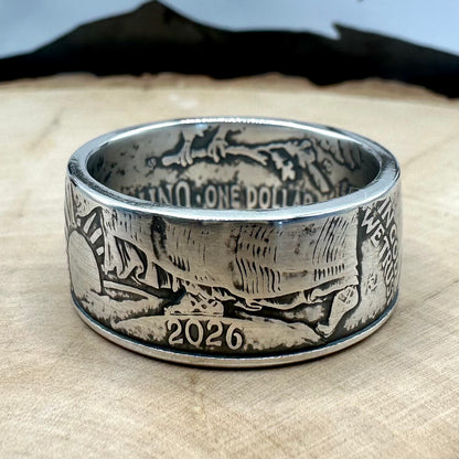 U.S. 2026 1oz 999 Silver Eagle $1 Coin Ring on a wood round. - Mountainstruck Coin Jewelry