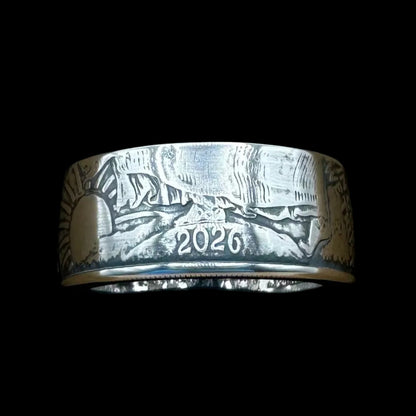 U.S. 2026 1oz 999 Silver Eagle $1 Coin Ring on a black background. - Mountainstruck Coin Jewelry