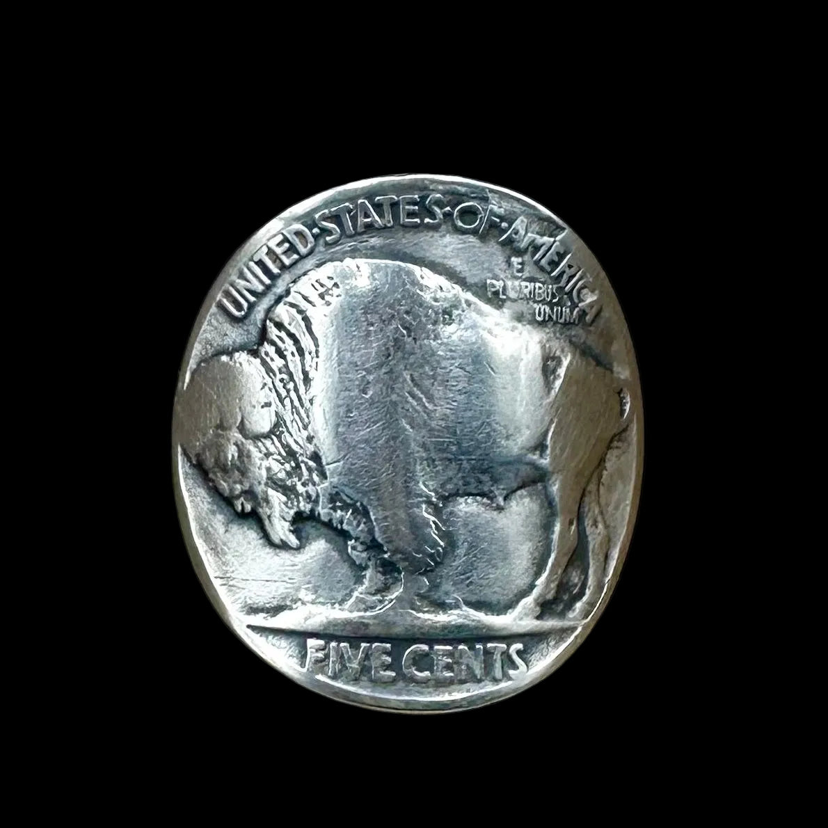 U.S. Buffalo Nickel Coin Signet Ring (Buffalo Side) on a black velvet background. - Mountainstruck Coin Jewelry
