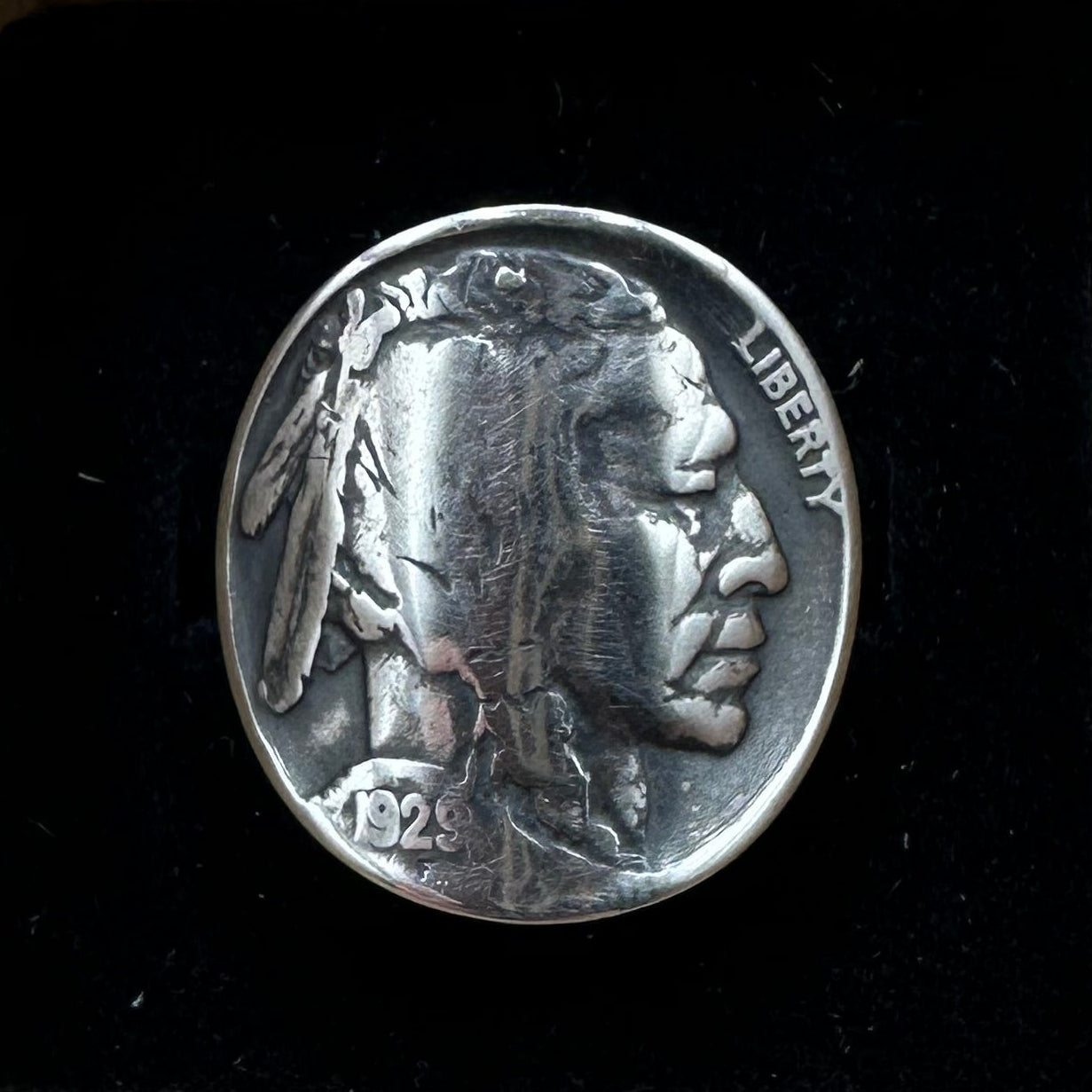 U.S. Buffalo Nickel Coin Signet Ring (Native Side) on a black velvet background. - Mountainstruck Coin Jewelry