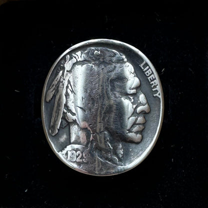 U.S. Buffalo Nickel Coin Signet Ring (Native Side) on a black velvet background. - Mountainstruck Coin Jewelry