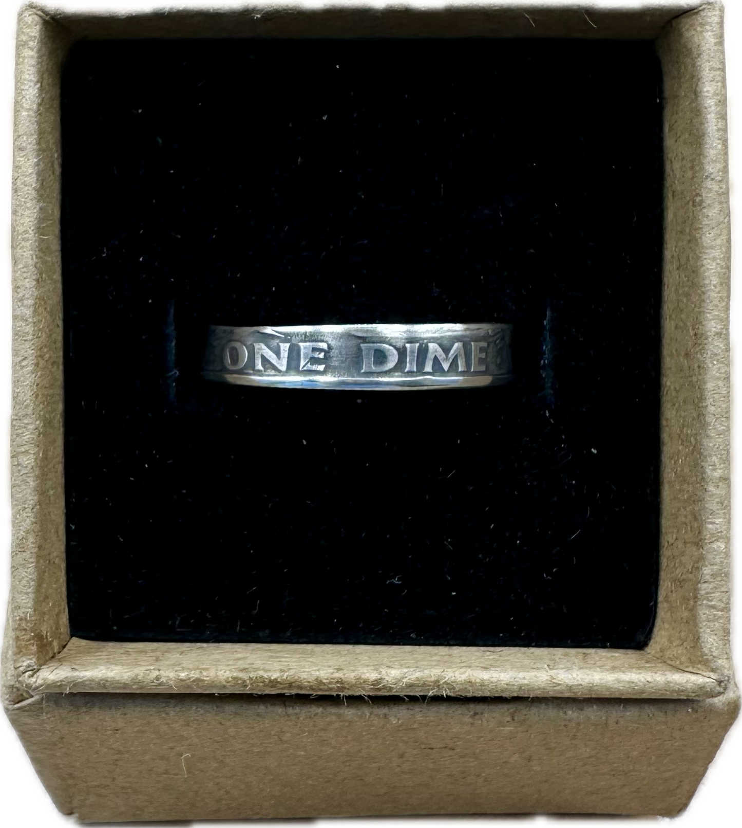 U.S. Dime Silver Coin Ring patina in a brown craft box on a black velvet background. - Mountainstruck Coin Jewelry