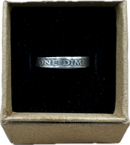 U.S. Dime Silver Coin Ring patina in a brown craft box on a black velvet background. - Mountainstruck Coin Jewelry