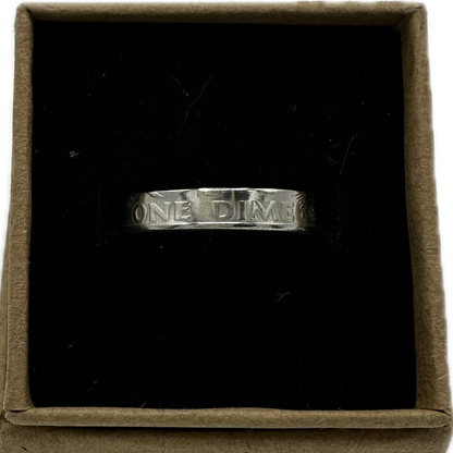 U.S. Dime Silver Coin Ring shine in a brown craft box on a black velvet background. - Mountainstruck Coin Jewelry
