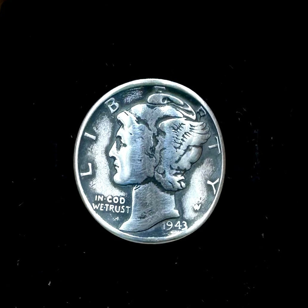 U.S. Mercury Dime Silver Coin Signet Ring on a black velvet background. - Mountainstruck Coin Jewelry
