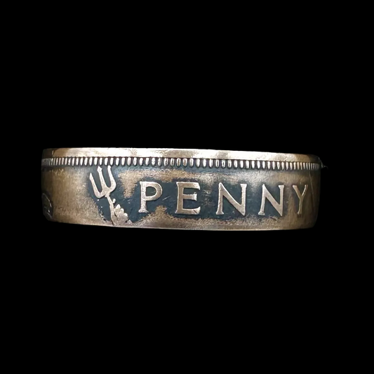 UK One Penny Coin Ring in a brown kraft box on a black velvet background. - Mountainstruck Coin Jewelry