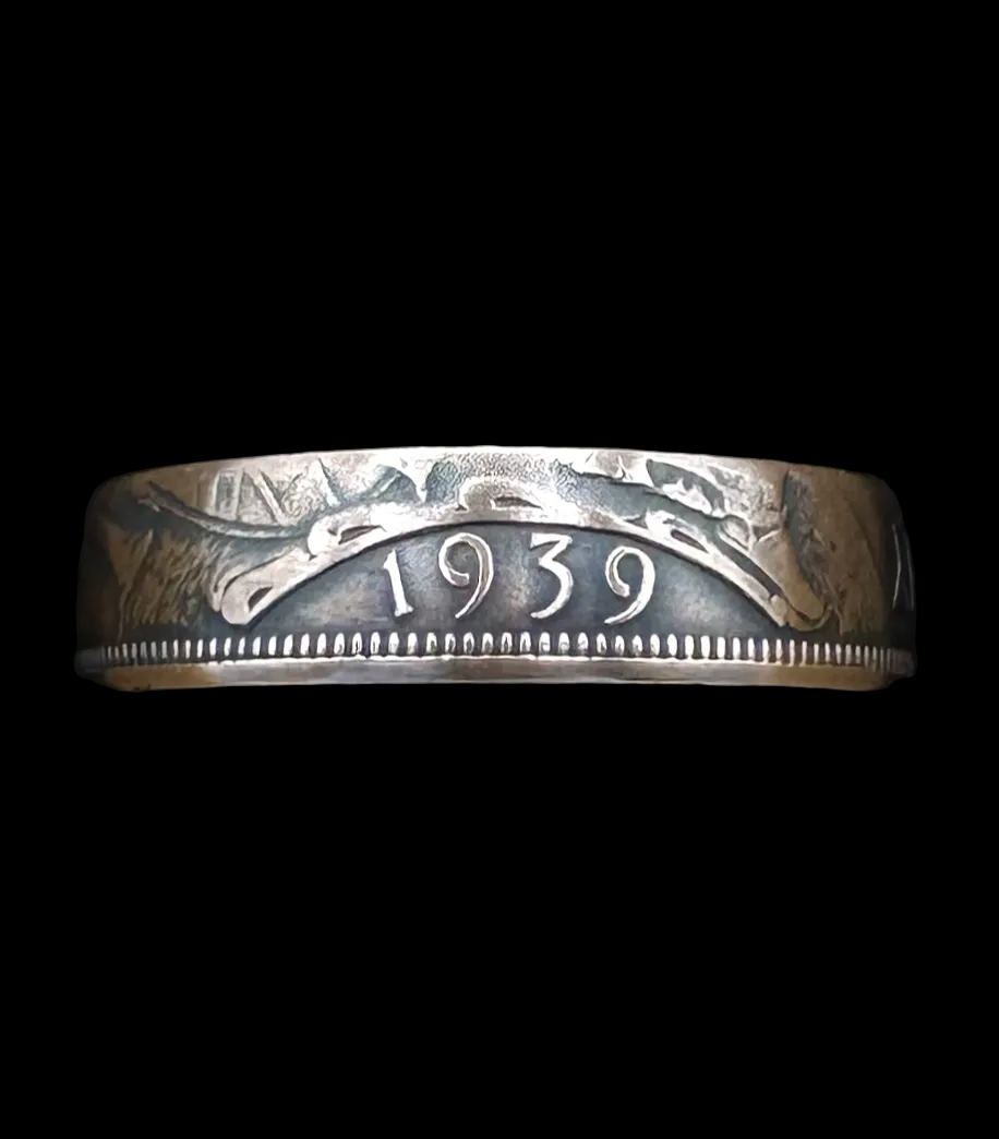 UK One Penny Coin Ring in a brown kraft box on a black velvet background. - Mountainstruck Coin Jewelry