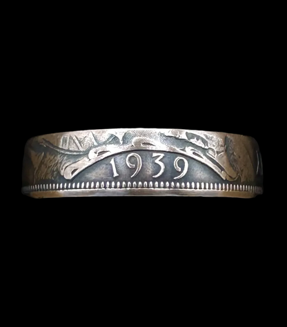 UK One Penny Coin Ring in a brown kraft box on a black velvet background. - Mountainstruck Coin Jewelry