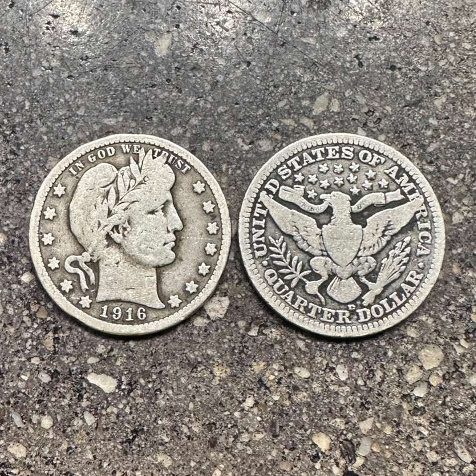 U.S. Barber Silver Quarter coin on a concrete background. Front of coin on the left and back of coin on the right. - Mountainstruck Coin Jewelry