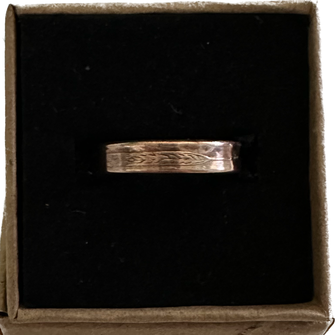 Wheat Penny Coin Ring in a brown kraft box on a black velvet background. - Mountainstruck Coin Jewelry